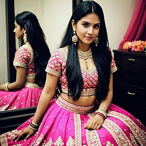 Pink Mirror Work Lehenga with Traditional Jewelry and Long Hair