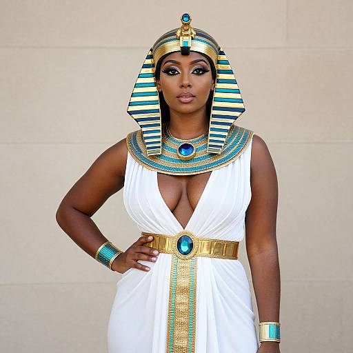 Woman in Regal Ancient Egyptian Costume with Gold and Turquoise Details
