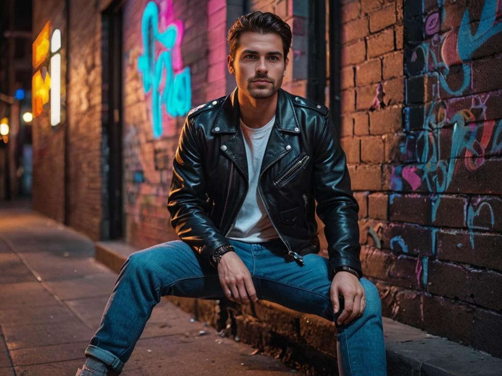 Man in Leather Jacket with Urban Tarantino Vibe