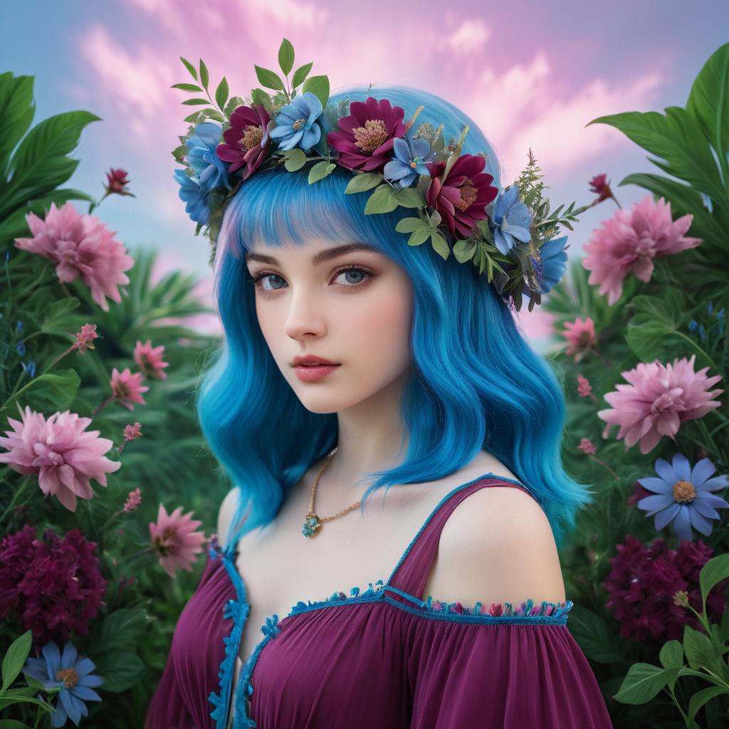 Woman with Blue Hair and Floral Crown