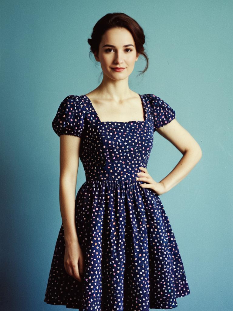 Young Woman in Vintage Navy Blue Polka Dot Dress Posing Confidently