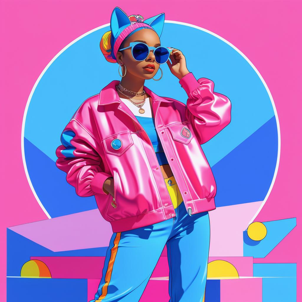 Stylish Woman in Pink Satin Jacket Against Geometric Background