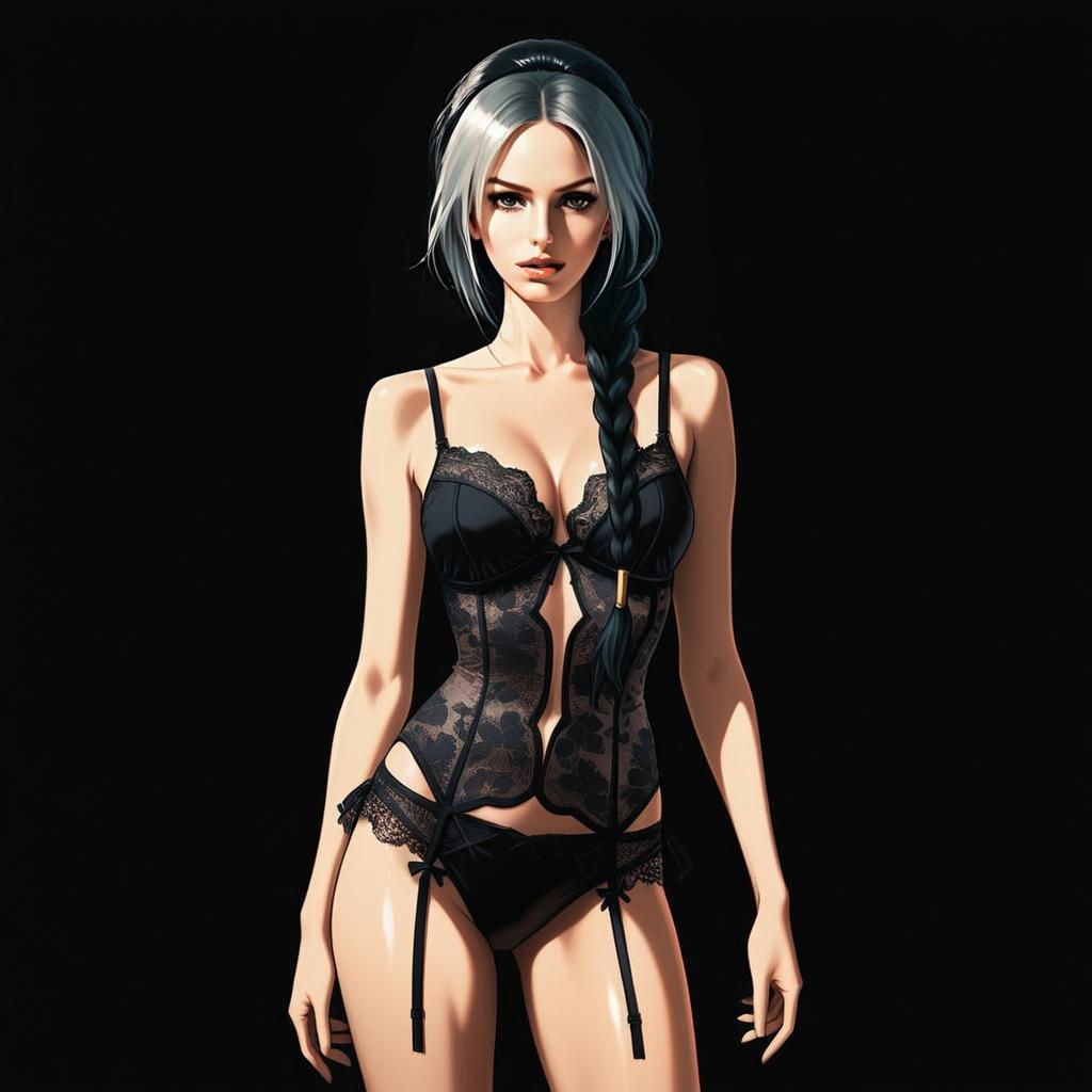 Stylish Woman in Black Lace Lingerie Digital Art Portrait