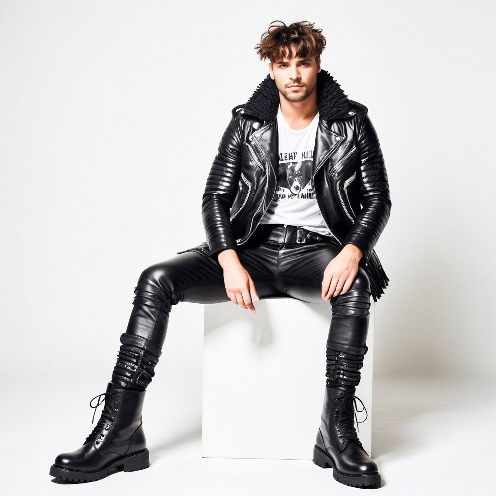 Young Man in Black Leather Jacket and Combat Boots