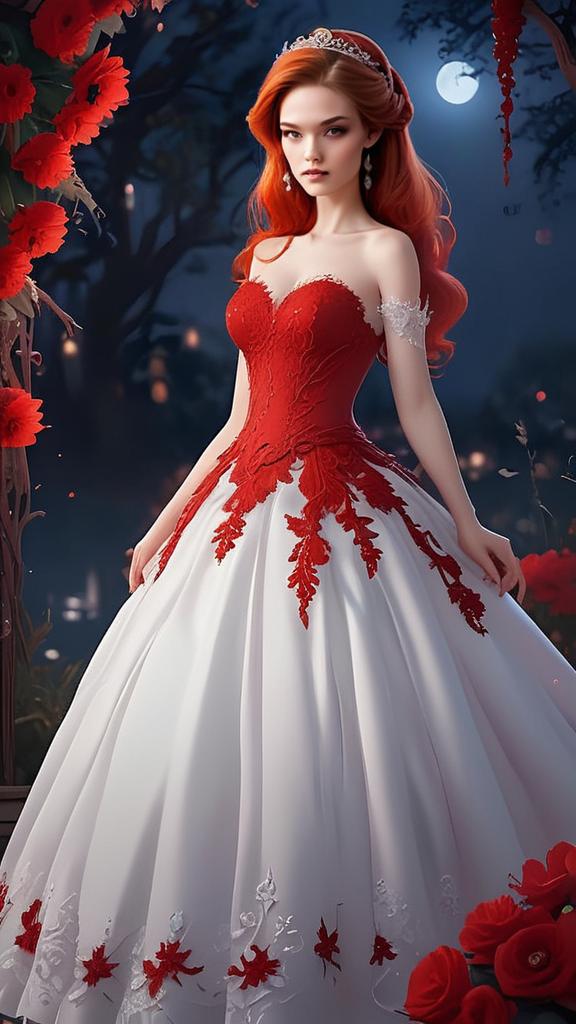 Young Woman in Red Gown in Mystical Garden
