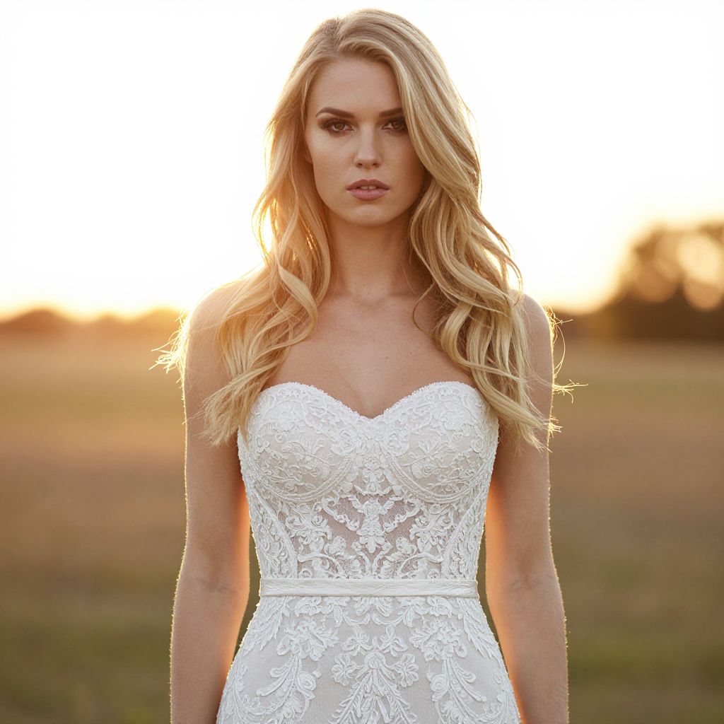 Elegant Blonde Woman in Lace Strapless Wedding Dress Outdoors