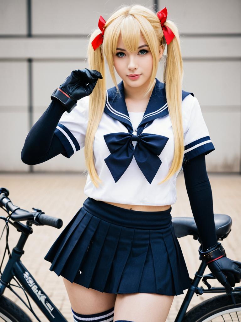 Abukuma Kai Ni KanColle Cosplay Woman in Sailor Uniform with Bicycle