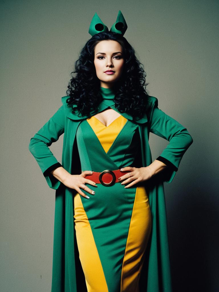 Confident Woman in Retro Green and Yellow Outfit with Cape and Bow Headpiece