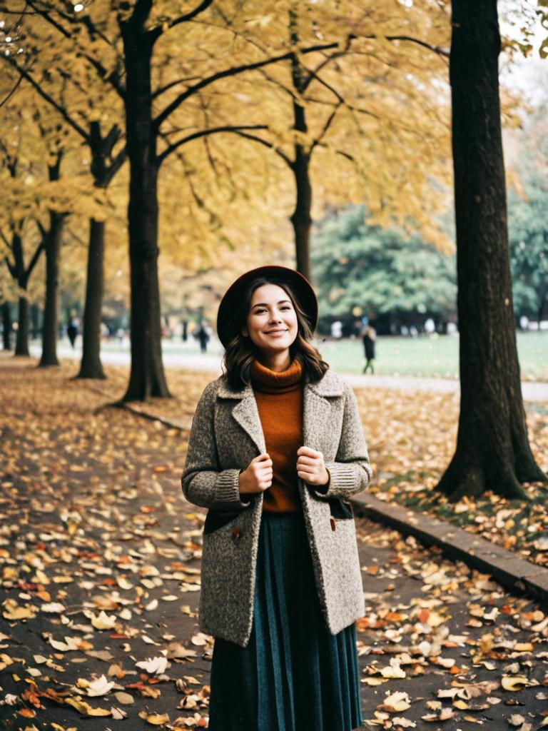 Woman in Vintage Cozy Fall Outfit Candid Photo in Park with Falling Leaves