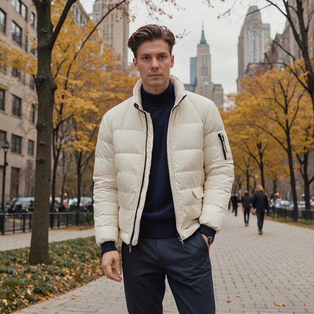 Man in Stylish White Puffer Jacket in City Park