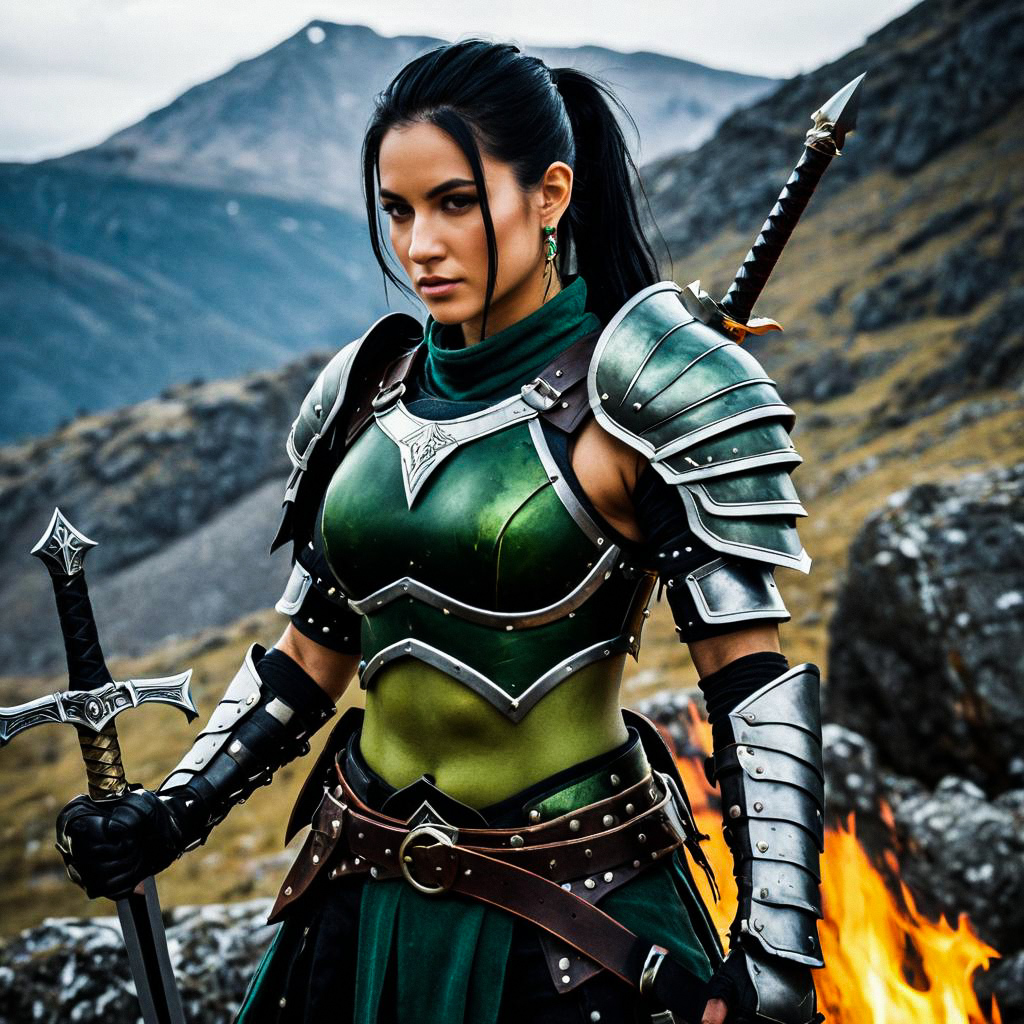 Determined Woman Warrior in Green and Silver Armor