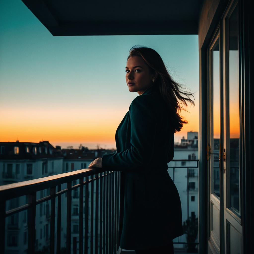 Woman on Balcony at Sunset with Cityscape Background