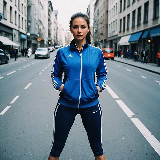 Sporty Woman in Blue Athletic Outfit Standing on City Street