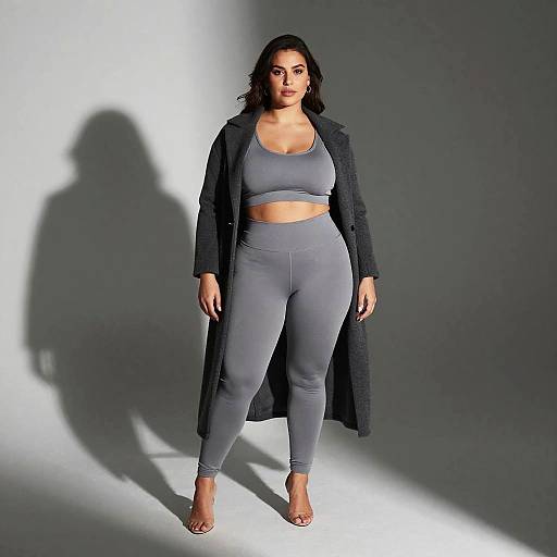 Confident Woman in Monochrome Gray Activewear and Tailored Coat
