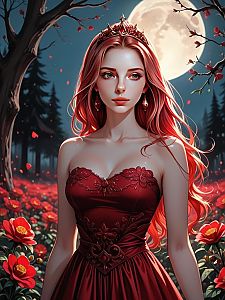 Woman in Red Gown Under Full Moon