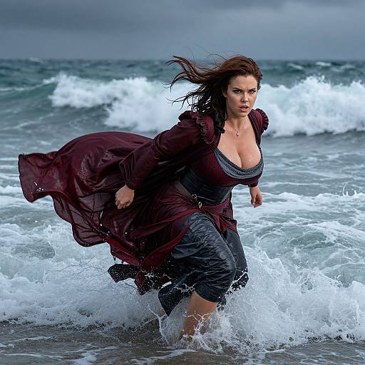 Woman in Burgundy Dress Running Through Ocean Waves
