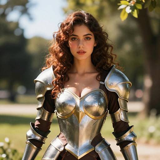 Woman in Shining Medieval Armor with Curly Hair Outdoors