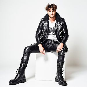 Young Man in Black Leather Jacket and Combat Boots