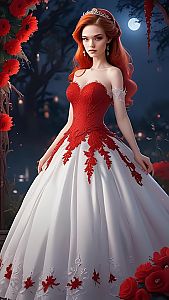 Young Woman in Red Gown in Mystical Garden