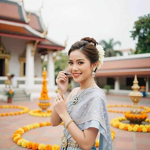 Young Woman in Traditional Thai Dress Applying Makeup at Temple