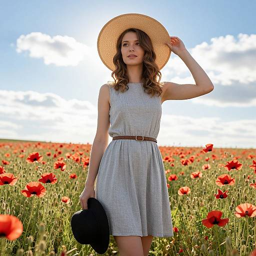 Woman in Summer Dress and Straw Hat in Poppy Field