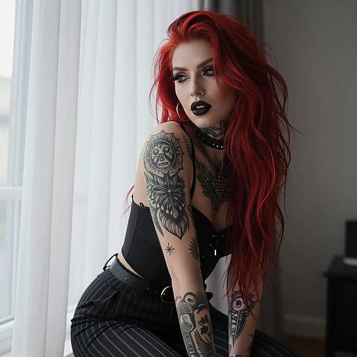 Alternative Fashion Woman with Red Hair and Tattoos by Window