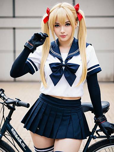 Abukuma Kai Ni KanColle Cosplay Woman in Sailor Uniform with Bicycle