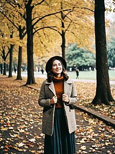 Woman in Vintage Cozy Fall Outfit Candid Photo in Park with Falling Leaves