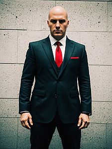 Realistic Agent 47 Man Cosplay in Black Suit with Red Tie