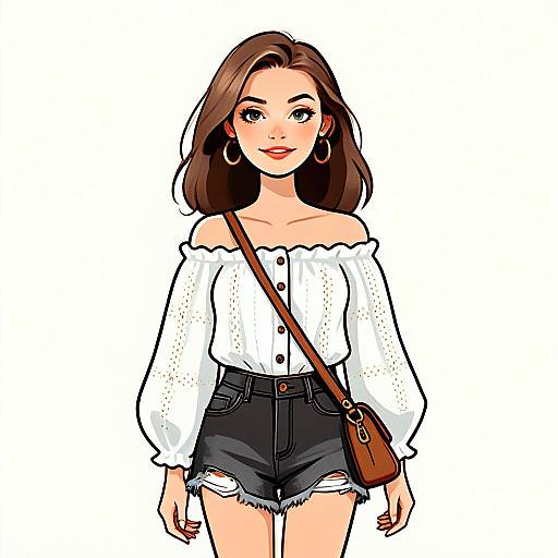 Bohemian Woman with Pretty Face and Hair in Off-Shoulder Blouse and Ripped Shorts