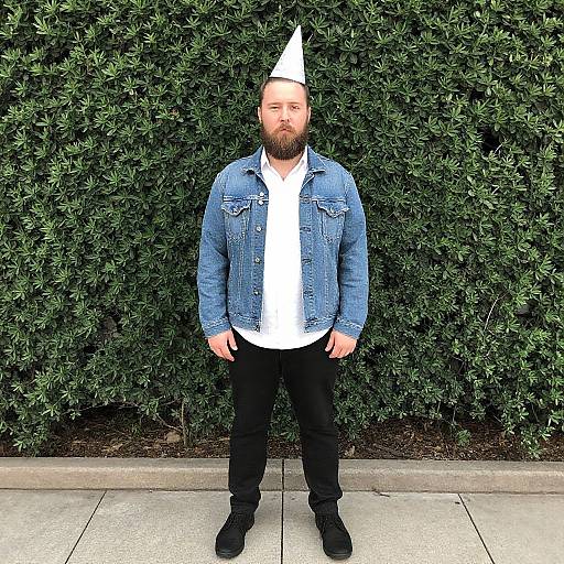 Bearded Man in Denim Jacket and Party Hat Standing Outdoors