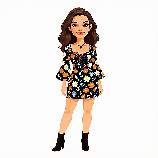 Bohemian Style Woman in Floral Dress with Long Brown Hair and Ankle Boots