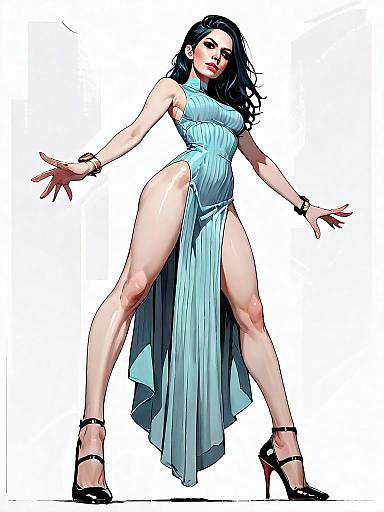 Realistic Comic Style Illustration of Woman in Blue Bodycon Dress Full Body Pose