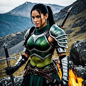 Determined Woman Warrior in Green and Silver Armor