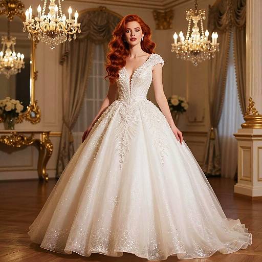 Elegant Gen Z Inspired Wedding Dress on Red-Haired Woman in Vintage Ballroom