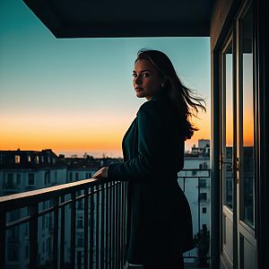 Woman on Balcony at Sunset with Cityscape Background