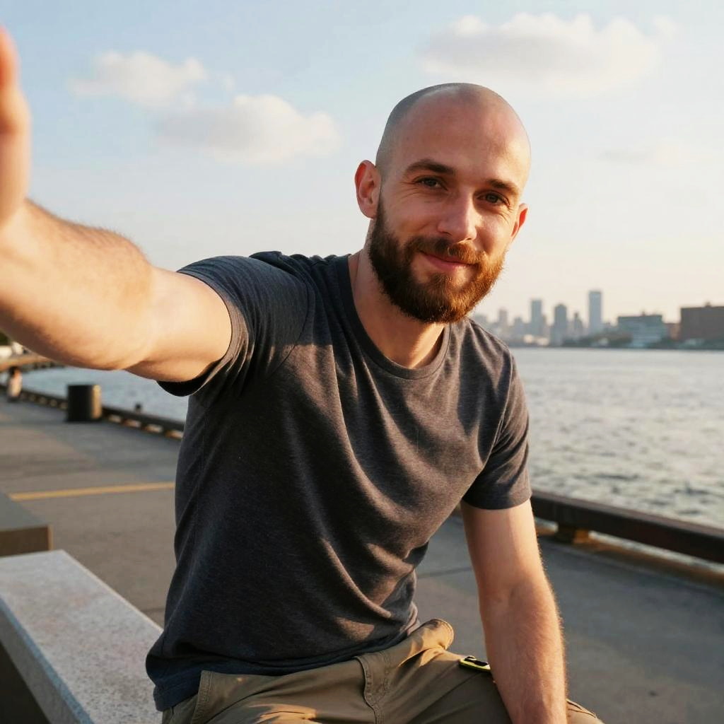Smiling Bearded Man Taking Selfie by Waterfront with City Skyline