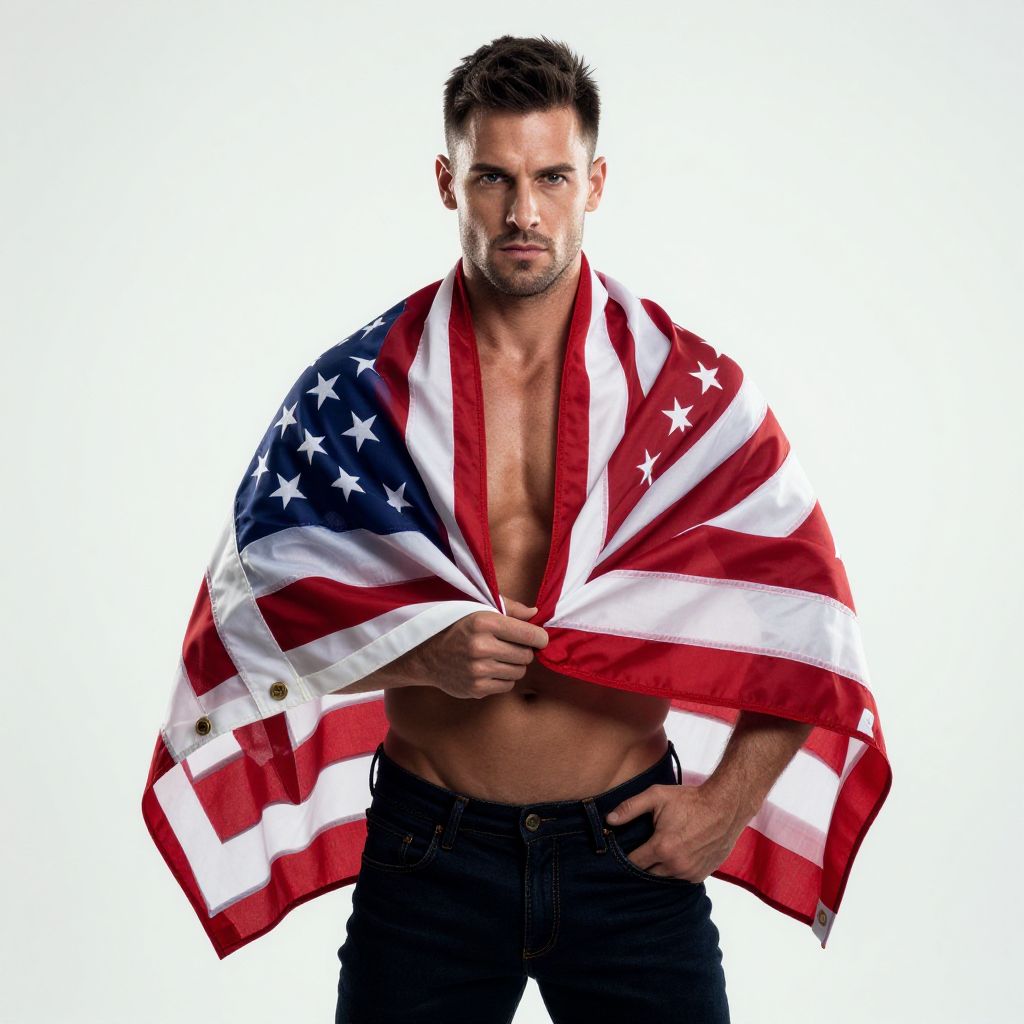 Confident Shirtless Man Draped in American Flag Standing Against Light Background