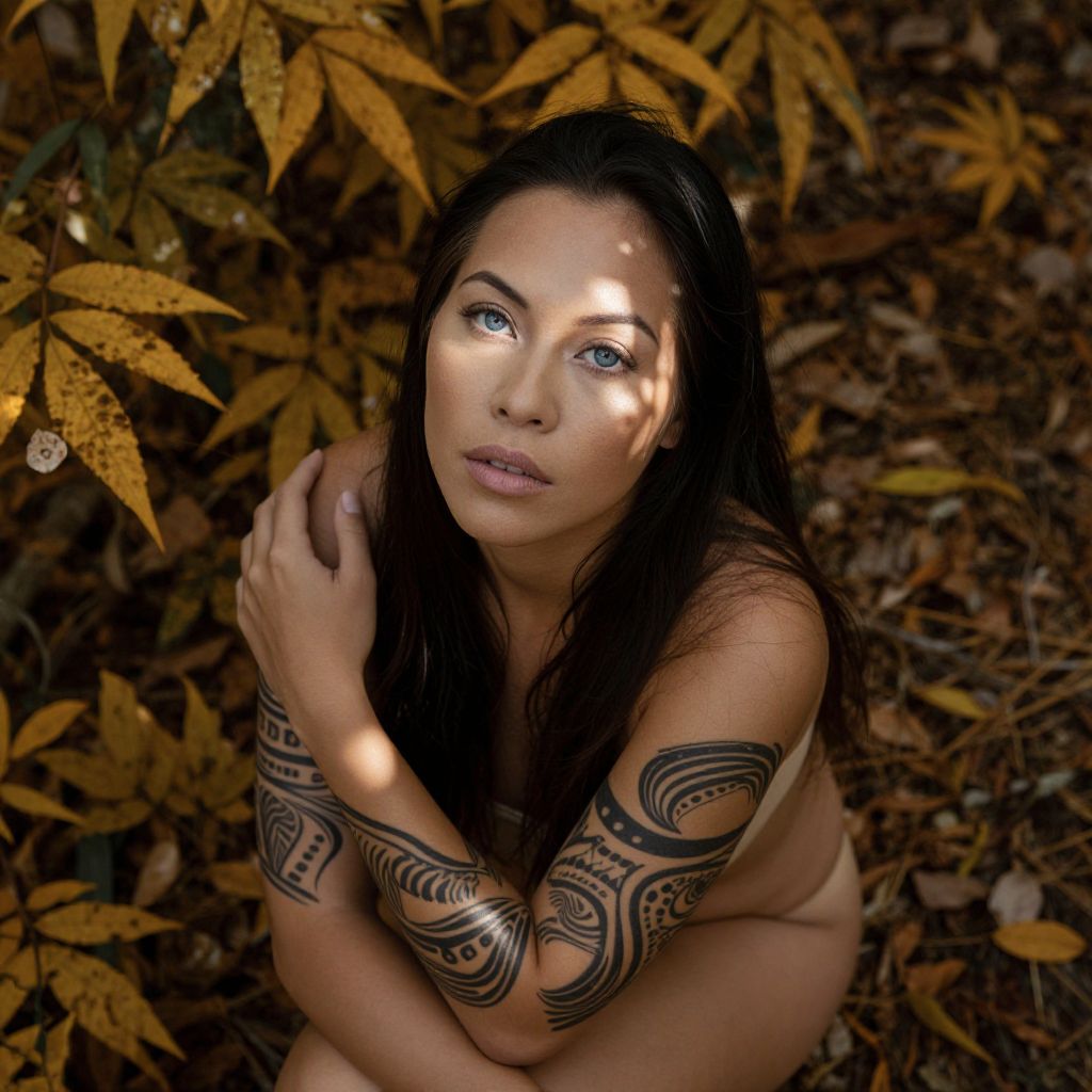 Woman with Tribal Tattoos Sitting in Autumn Leaves Nature Portrait
