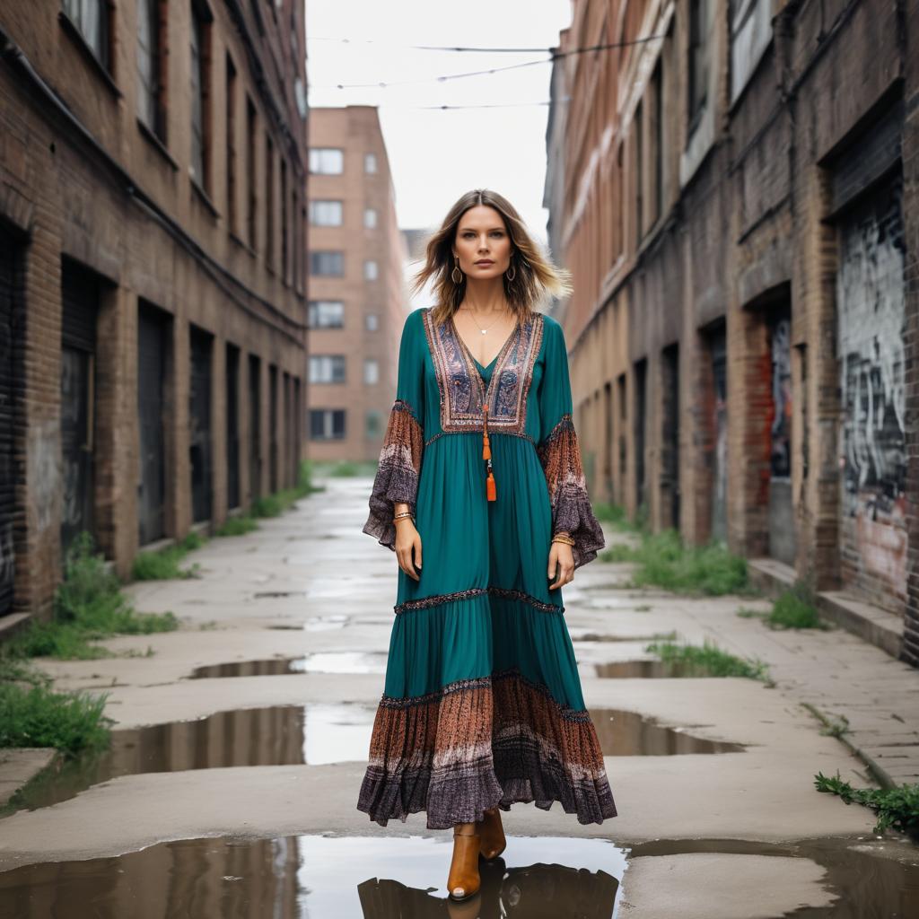 Fashionable Woman in Teal Dress in Urban Alley