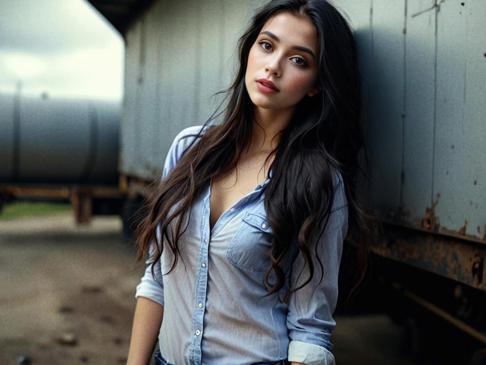 Confident Young Woman with Long Hair in Rustic Setting