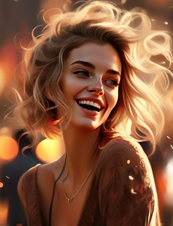 Joyful Blonde Woman Smiling in Warm Light Digital Portrait