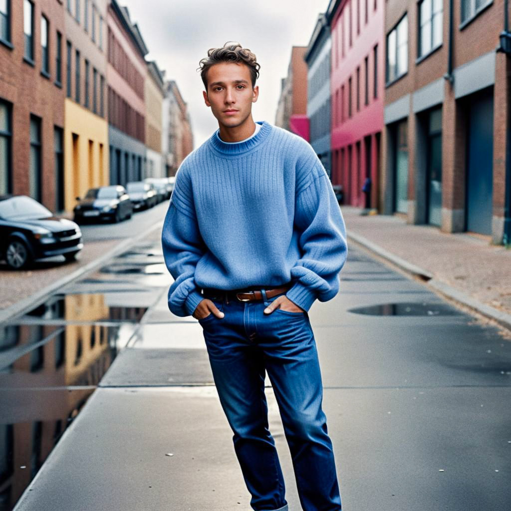 Young man in stylish blue sweater on reflective street