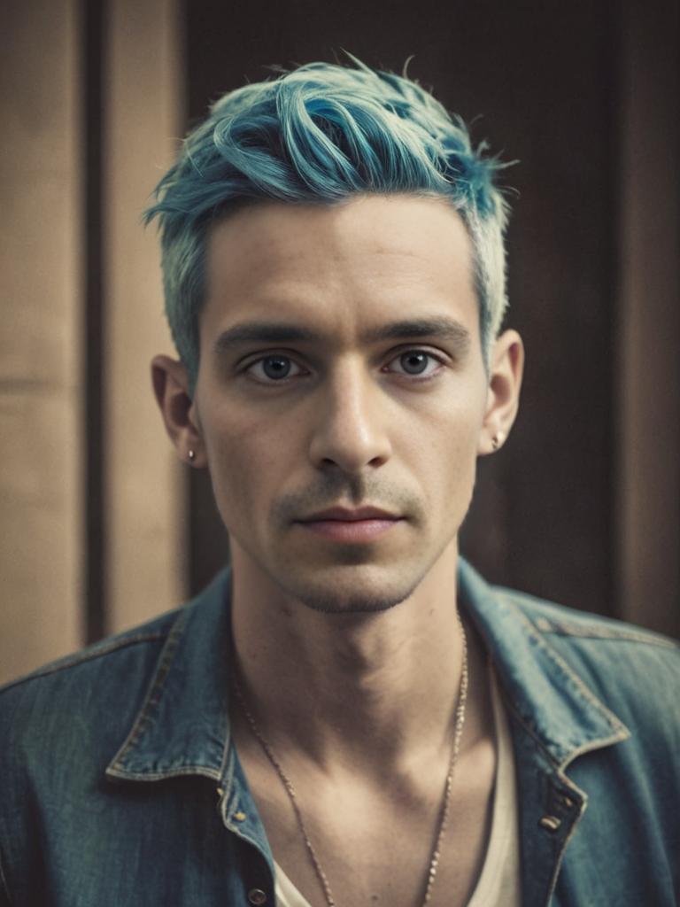 Pensive Skinny Male Singer with Blue Hair