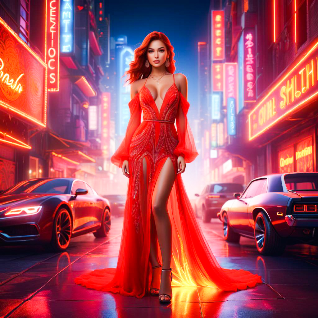 Woman in Red Gown in Neon Cityscape