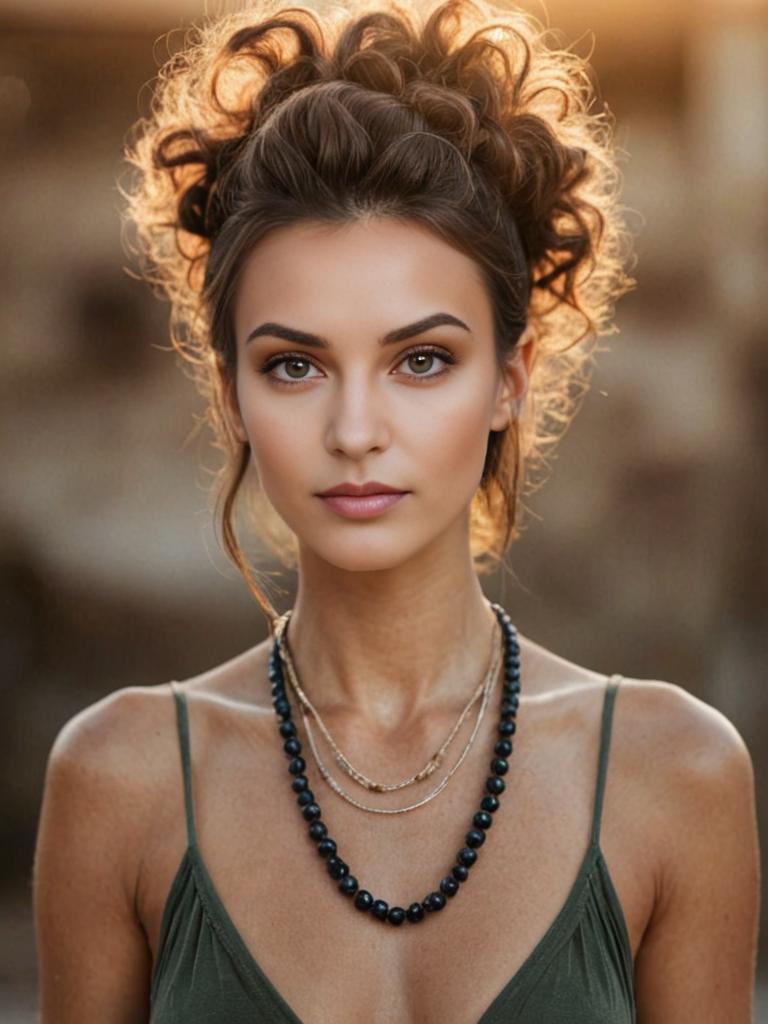 Young Woman with Updo and Bead Necklace