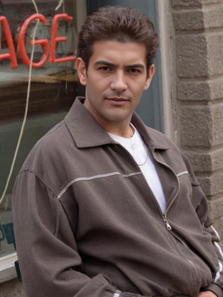 Man in Brown Jacket with Vintage Garage Sign