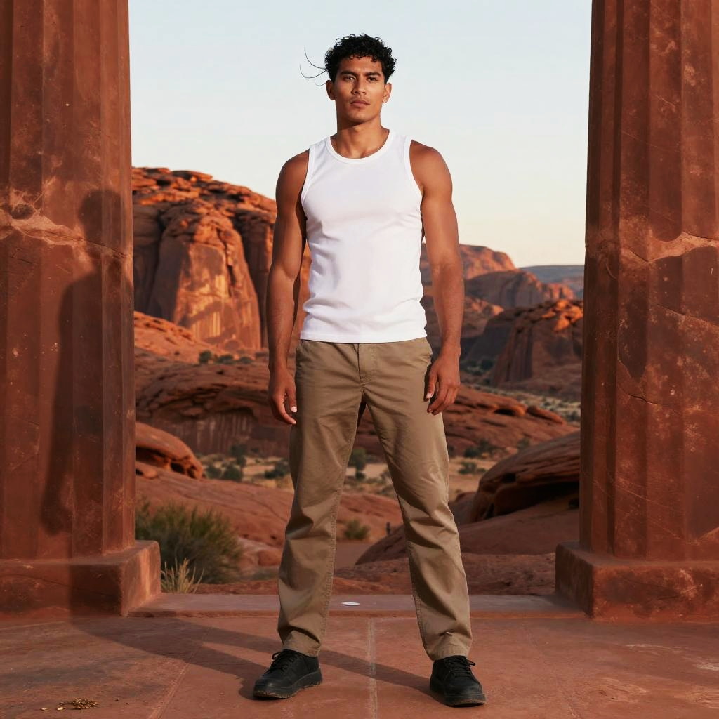 Young Man in White Tank Top and Khaki Pants in Desert Landscape
