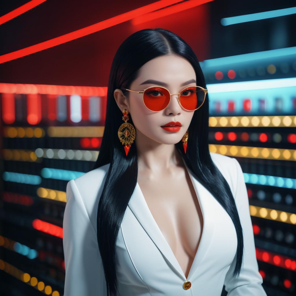 Elegant Woman in White Blazer with Red Sunglasses