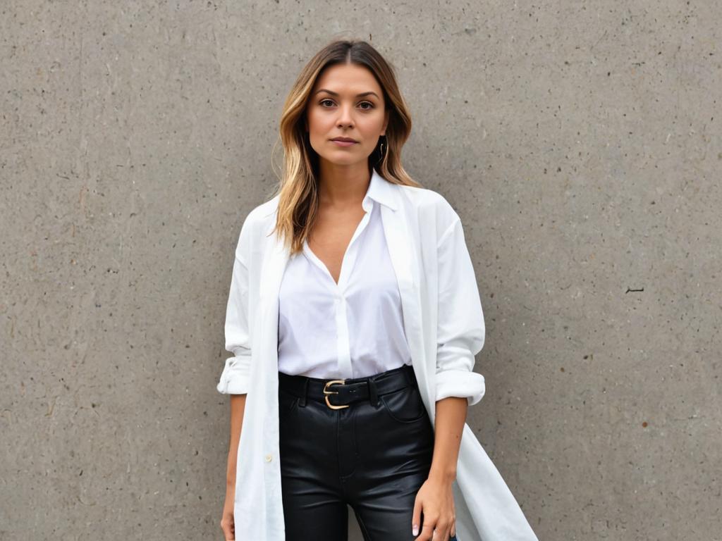 Stylish Woman in White Shirt and Black Trousers